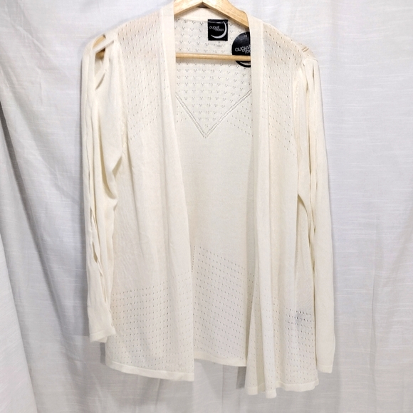 August Moon Cream Rayon Thin Knit Eyelet Criss Cross Cut-Out Sleeve Cardigan - Picture 1 of 14
